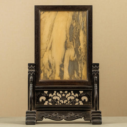 清 红木镶云石透雕花卉纹插屏 商品图0