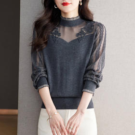 CC17-1918镂空针织衫女上衣洋气春装2024年新款春秋女装长袖妈妈蕾丝打底衫