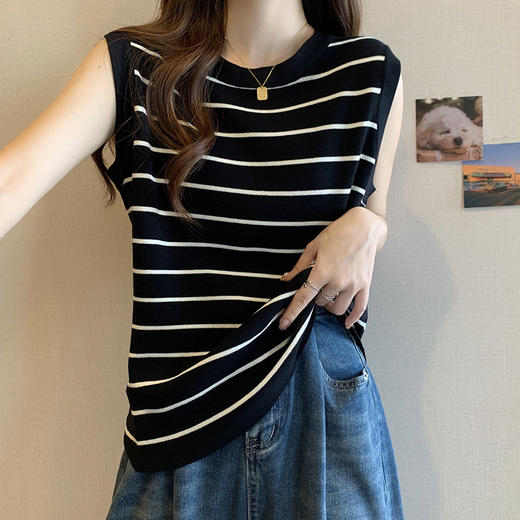 2025夏装新款大码洋气条纹背心T恤胖mm宽松冰丝针织吊带上衣 商品图1