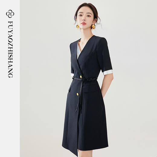 FUYAO扶摇 夏季连衣裙女新款假两件裙子中式盘结腰带设计感西装裙 商品图0