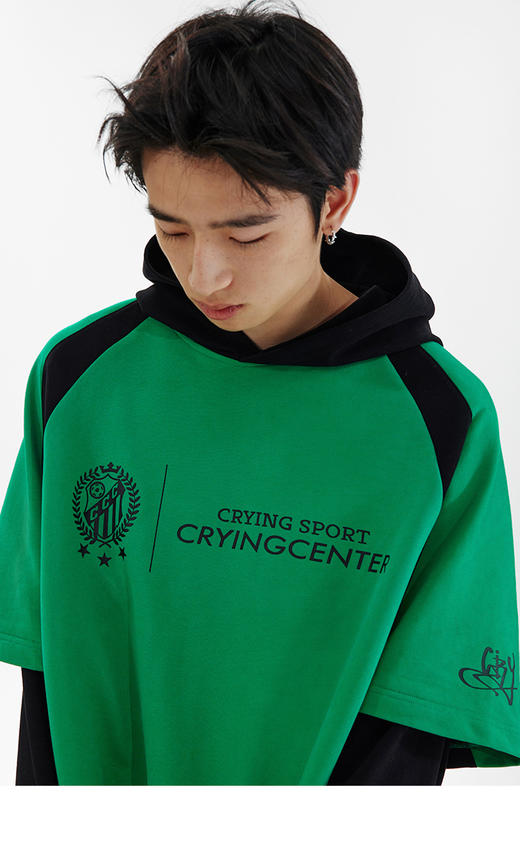 CryingCenter 足球小子假两件中绿色连帽T恤 哭喊中心 商品图3