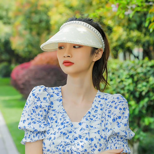 【时尚美观显头小！夏季珍珠遮阳帽】遮阳防晒防紫外线，小众设计，海边沙滩太阳空顶帽子，夏季草帽 商品图6