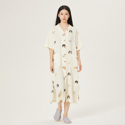 连绵·双层纱绉布100%棉开襟小狗图案连衣裙（女款） 商品图3