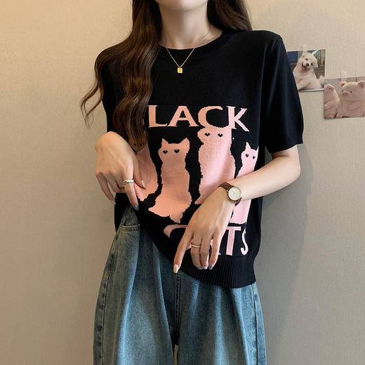 大码女装2025夏季新款胖mm减龄宽松提花针织短袖T恤百搭冰丝上衣 商品图1