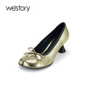 westory2024春季新款小蛮腰中跟分趾鞋金色蝴蝶结单鞋女真皮W24AE56691 商品缩略图0