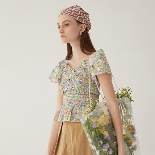 谜底方领碎花上衣2024夏新款文艺风显瘦短款小衫飞飞袖246MS7037 商品图1