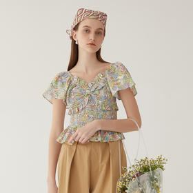 谜底方领碎花上衣2024夏新款文艺风显瘦短款小衫飞飞袖246MS7037