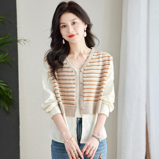 针织拼接假两件上衣，遮屁股V领针织开衫CC-QL-S6686 商品图3