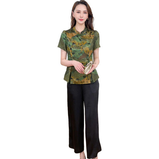 OYM-OMS-YQA422-L夏款印花短袖国风时尚小衫简约宽松休闲显瘦阔腿裤妈妈装两件套裤 商品图4
