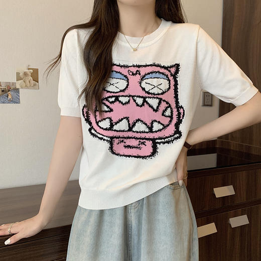 大码卡通提花短袖冰丝针织衫女2025新款夏季胖mm短款减龄上衣洋气 商品图1