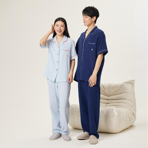 连绵·双层纱绉布100%棉开衫短袖长裤睡衣（男/女） 商品图11