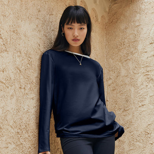 IN AND ON长绒棉撞色一字领长袖T恤女设计感百搭上衣53566 商品图4