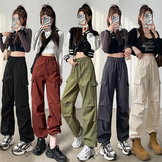 「美式工装运动裤！休闲+运动两穿」女2024春季潮酷抽绳两穿辣妹风高腰宽松阔腿裤下装 商品图1