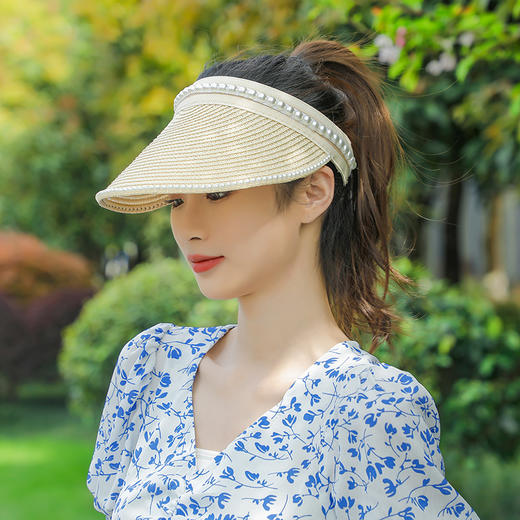 【时尚美观显头小！夏季珍珠遮阳帽】遮阳防晒防紫外线，小众设计，海边沙滩太阳空顶帽子，夏季草帽 商品图4