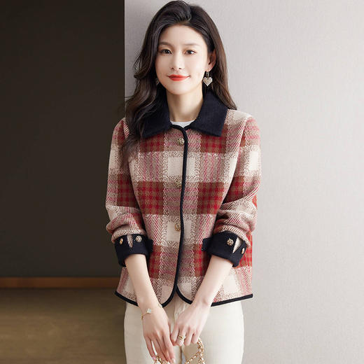 CC17-1929春秋小个子短外套女2024新款洋气翻领小香风针织开衫格子宽松上衣 商品图1