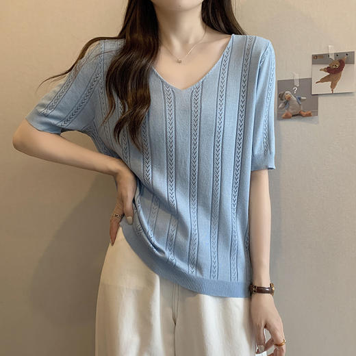 夏季遮肚子显瘦v领减龄冰丝短袖t恤女大码胖mm遮肉百搭打底衫上衣 商品图2