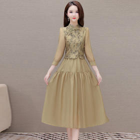 印花假两件大摆长裙，新中式国风优雅连衣裙QYM-XQD-53A2405-L