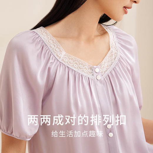 【法式蕾丝】金三塔真丝睡衣女100%桑蚕丝春夏宽松短袖方领衣裤套  YSFEB403 商品图3