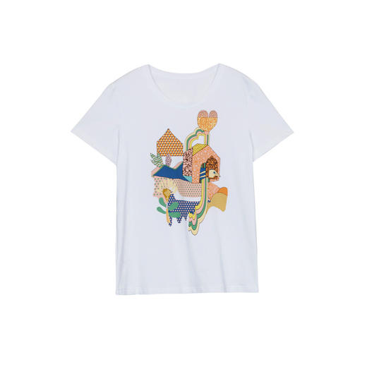 谜底2024夏季新款圆领特色印花T恤短袖女修身绣花上衣女246MT7051 商品图4