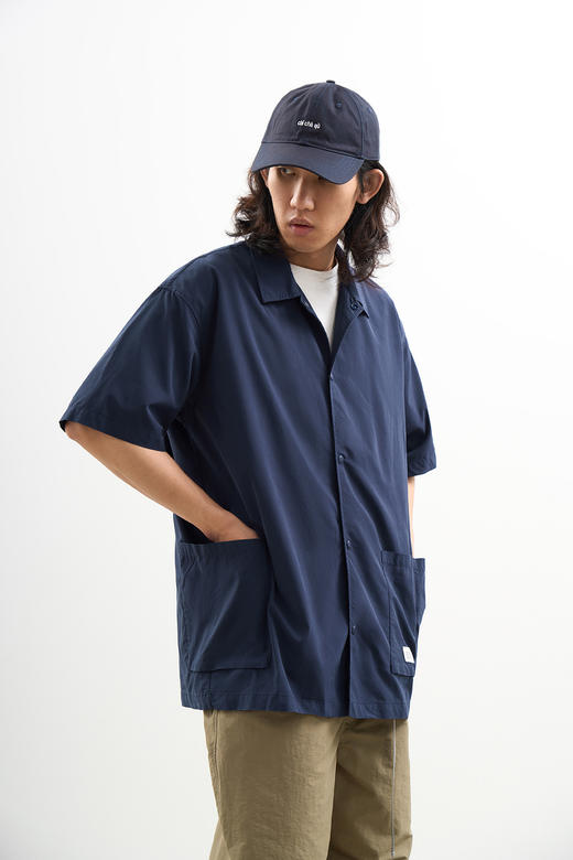 吃茶去chichaqu2024混纺天丝不对称口袋短袖衬衫宽松复古经典休闲 商品图2