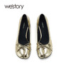 westory2024春季新款小蛮腰中跟分趾鞋金色蝴蝶结单鞋女真皮W24AE56691 商品缩略图1
