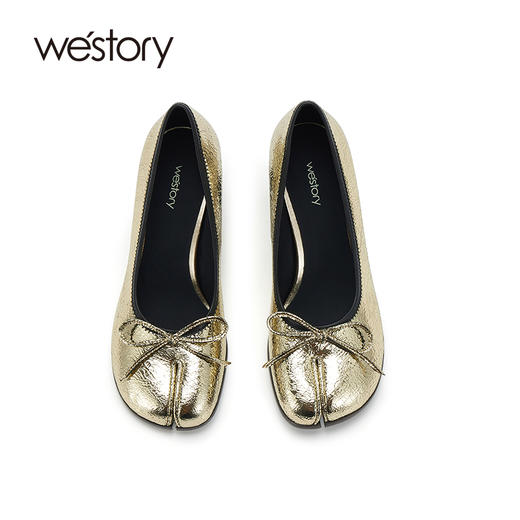 westory2024春季新款小蛮腰中跟分趾鞋金色蝴蝶结单鞋女真皮W24AE56691 商品图1