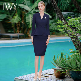 IWY/藏青色气质女神范儿荷叶边西装外套包臀裙时尚套装春季套裙CS1852