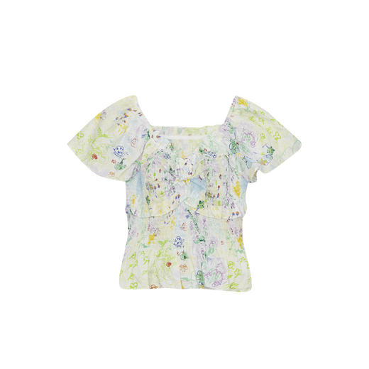 谜底方领碎花上衣2024夏新款小清新显瘦短款小衫飞飞袖246MS9003 商品图4