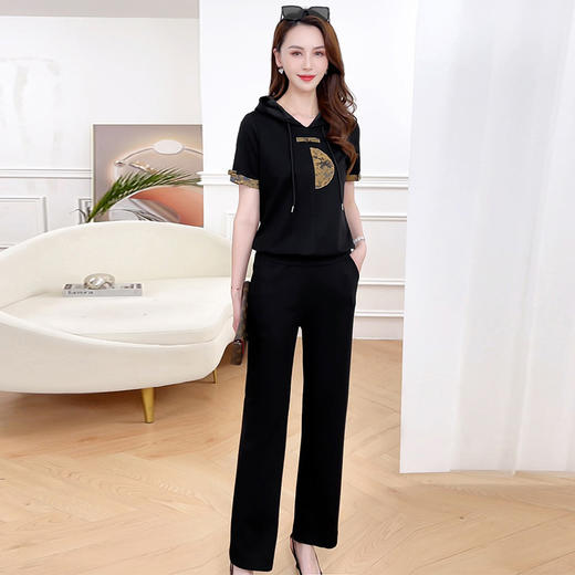 QYMXYKL-LSA15-L夏款短款休闲短袖连帽小衫简约修身显瘦直筒裤新中式运动两件套装 商品图1