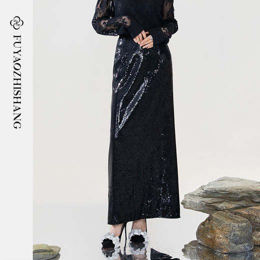 FUYAO扶摇 半身裙女2024新款设计感黑色亮片西装裙后开叉性感裙子 商品图3