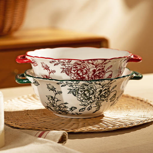 摩登主妇玫瑰假日复古餐具陶瓷双耳汤碗家用大号汤盆泡面碗汤面碗 商品图0
