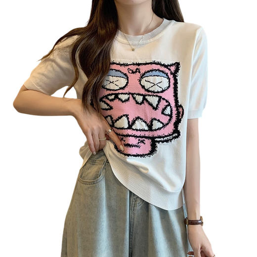 大码卡通提花短袖冰丝针织衫女2025新款夏季胖mm短款减龄上衣洋气 商品图4