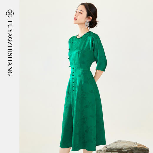 FUYAO扶摇 短袖连衣裙女2024夏季新款盘扣斜襟裙子轻国风提花长裙 商品图0