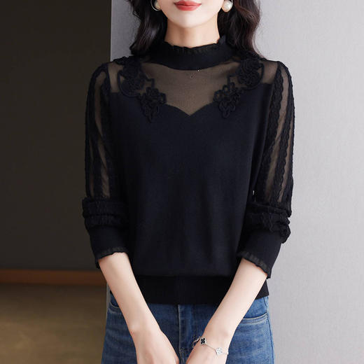 CC17-1918镂空针织衫女上衣洋气春装2024年新款春秋女装长袖妈妈蕾丝打底衫 商品图2