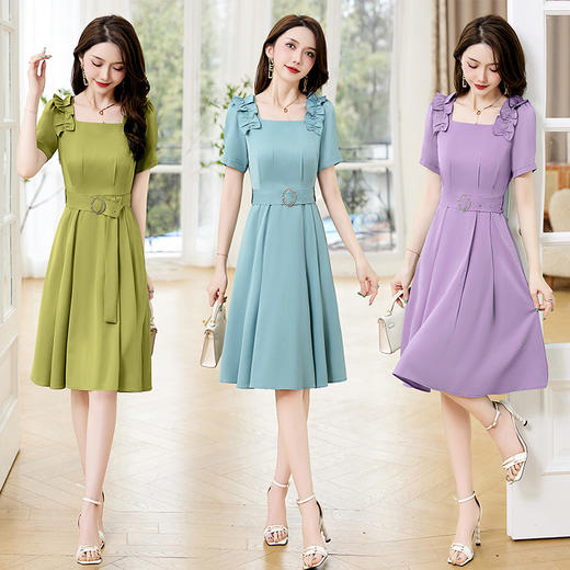 HRFS-713-19夏季上新气质时尚简约大方轻奢设计高级感高腰纯色连衣裙 商品图3