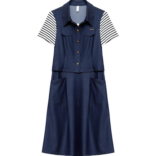 QYMOMS-YQA417-L-2024年夏款中长款条纹短袖拼接时尚连衣裙POLO领显瘦假两件A字裙 商品图4