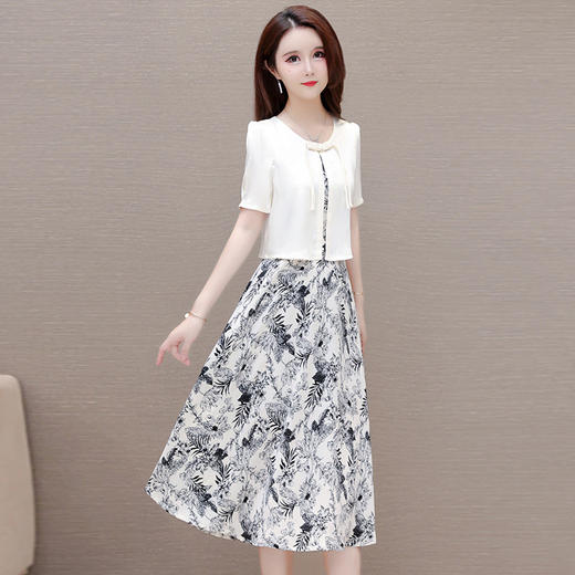 OYMOMS-CA4326-L中长款假两件修身时尚连衣裙2024年夏款短袖印花通勤气质A字裙 商品图1
