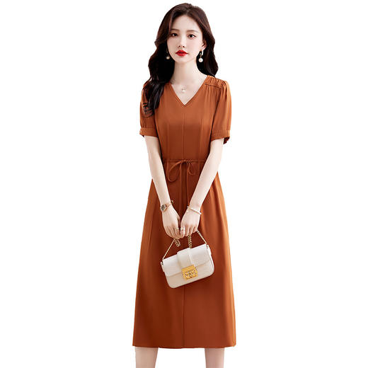 HRWX722-19夏季上新气质时尚知性优雅系带连衣裙女2024年温婉风纯色高腰A裙 商品图4