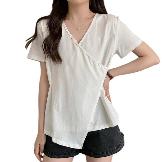 大码女装2025夏装新款洋气V领短袖T恤胖妹妹显瘦宽松设计感上衣潮 商品图4