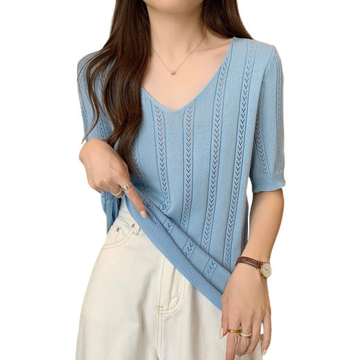 夏季遮肚子显瘦v领减龄冰丝短袖t恤女大码胖mm遮肉百搭打底衫上衣 商品图4