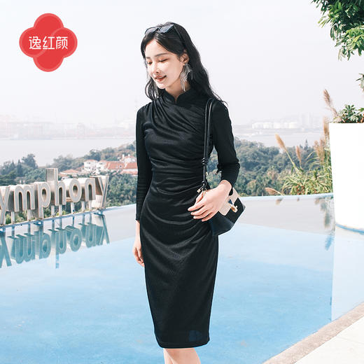 上海逸红颜特价新款 寒山 2025年春季醋酸弹力针织旗袍改良版裙女 商品图0