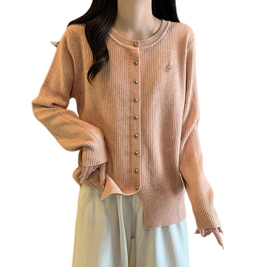 大码女装2025春季新款圆领胖MM气质正肩下摆开叉毛针织开衫女 商品图4