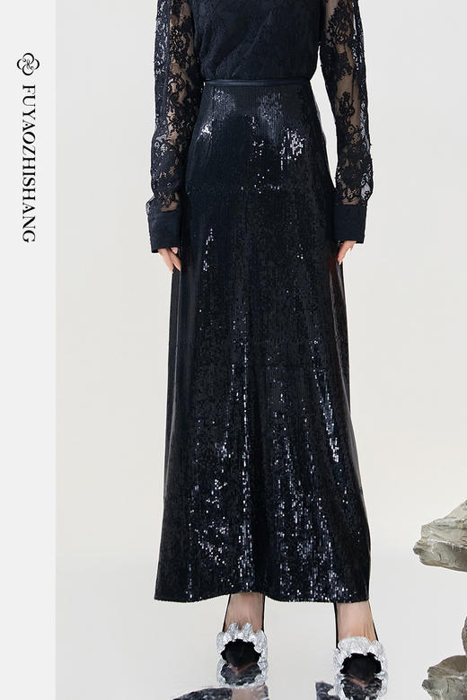 FUYAO扶摇 半身裙女2024新款设计感黑色亮片西装裙后开叉性感裙子 商品图5