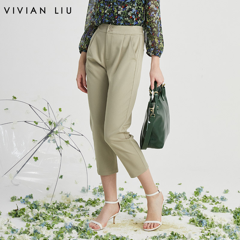 VIVIAN LIU薇薇安刘R2415003春女装新款后腰松紧斜插兜直筒裤