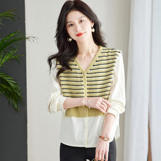 针织拼接假两件上衣，遮屁股V领针织开衫CC-QL-S6686 商品图2