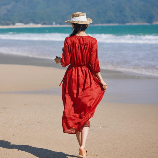 苎麻褶皱复古宽松，飘逸连衣裙中袖系带长裙 HS24818 商品图1