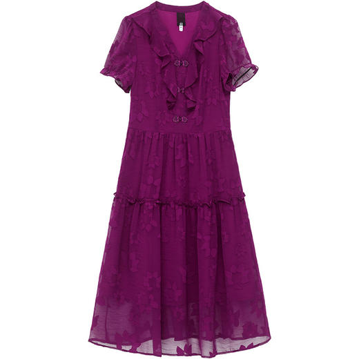 OYMXQD-Q2301-L-2024年夏款中长款提花时尚雪纺裙V领短袖修身显瘦洋气休闲连衣裙 商品图4