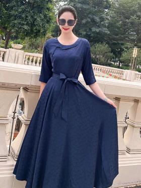 -蓝采和色、鹤顶红色有袖连衣裙HJ1S61