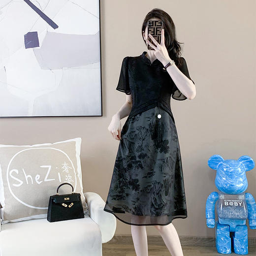 奢姿2025年夏装新款大码女装改良旗袍连衣裙胖妹妹拼接裙子9932890856【1】 商品图1