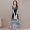 OYMOMS-SA406-L-洋气印花连衣裙2024年夏款长款V领五分袖收腰时尚优雅气质雪纺裙 商品缩略图0